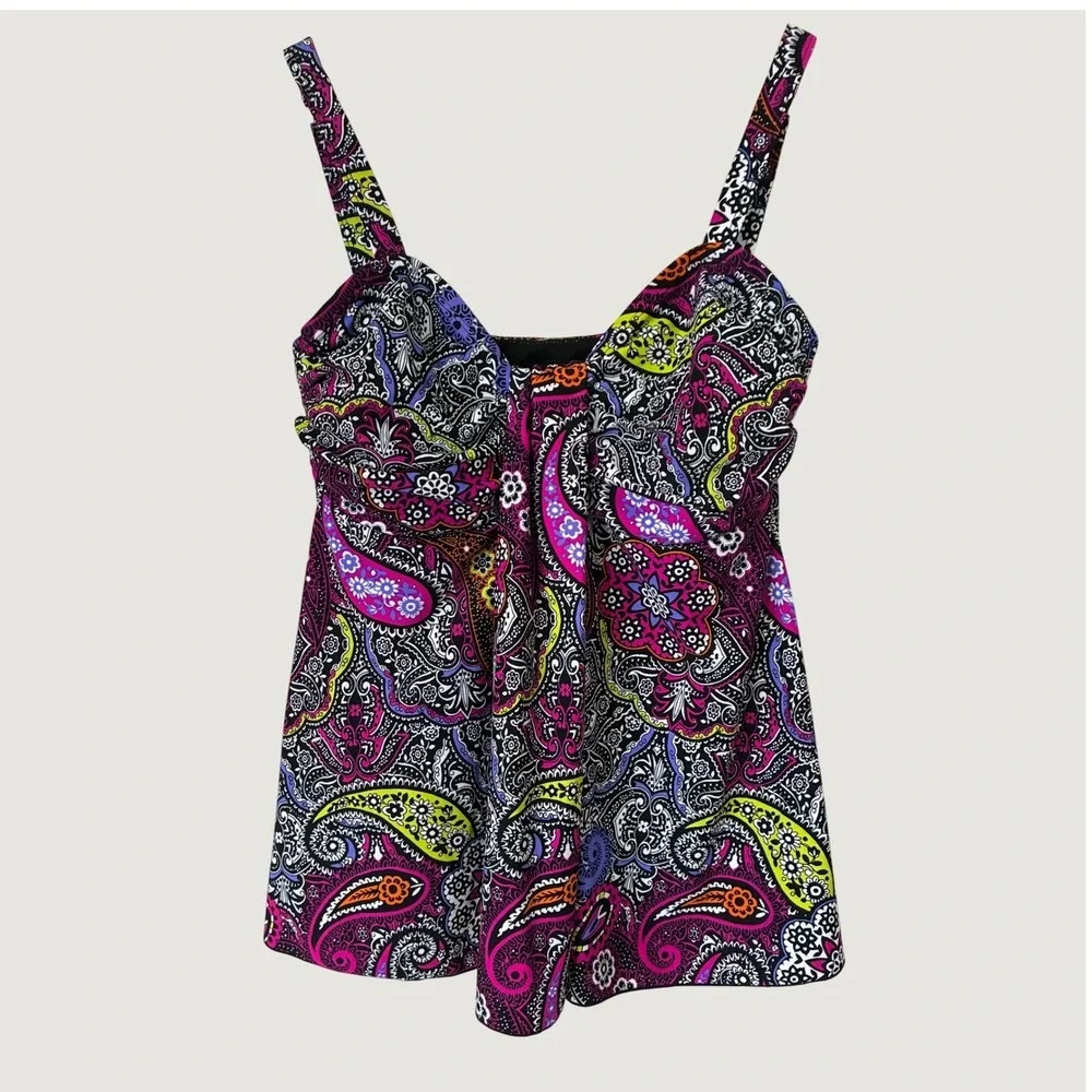 Mazu Womens Paisley Print Tankini Swim Top Multi-Color V-Neck Size 12